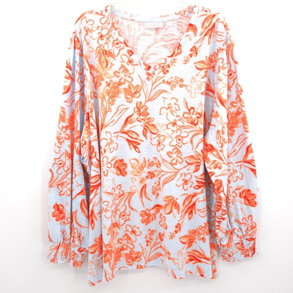 Belle‎ by Kim Gravel long puff sleeve floral tunic top Size 4X light blue orange